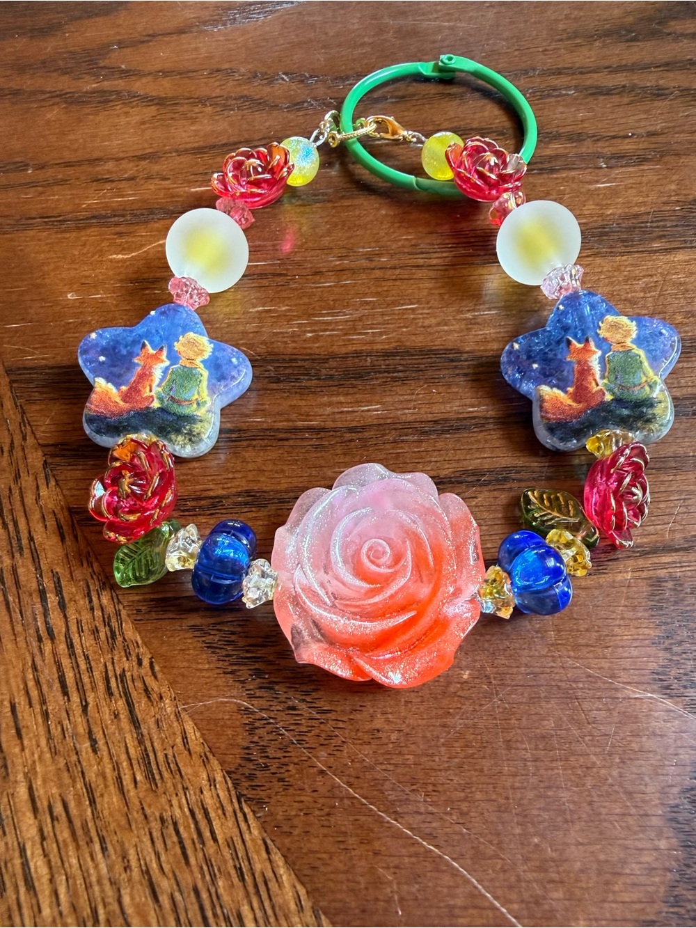 Floral Beaded Keychain Charm - Pink Rose & Multicolor Accents
